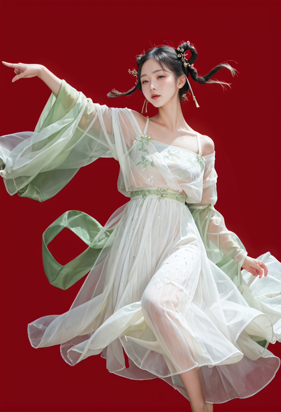 29437-2261722760-red background,1girl,solo,barefoot,hair ornament,hair rings,,ruanyi0756,hanfu,see-through,white dress,green wide sleeves,off sho.png